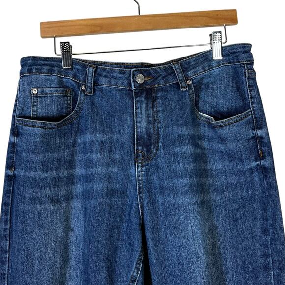 Red Tag Denim Skinny Jeans Womens 12 Medium Wash Distressed Knee Raw Hem Stretch - Picture 2 of 9